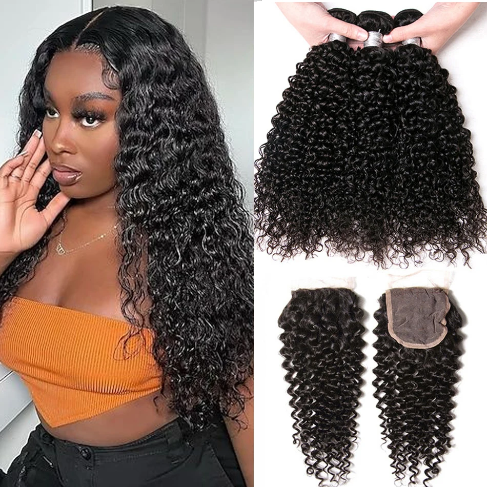 

Indian Kinky Curly Tissage Human Hair Bundles With Closure Grade 12A Unprocessed 3 Bundles Jerry Curl Raw Hair With 4*4 Closure