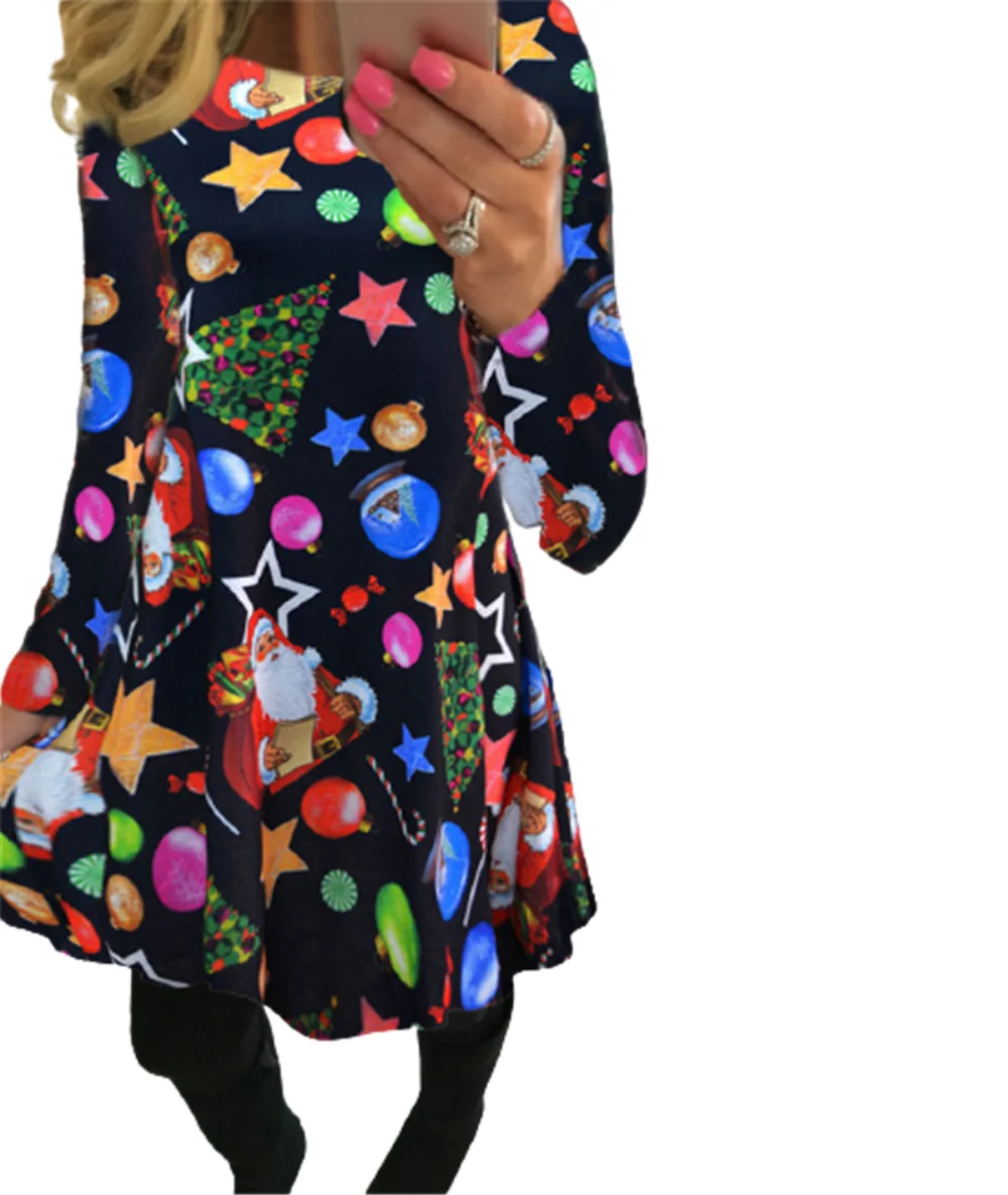 

Women Christmas Party Dress Winter 50S 60S Vintage Robe Long Sleeve Casual Tree Snowman Print Mini Plus Size 5XL