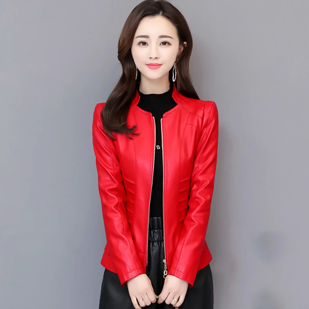 New Women Leather Jacket Spring Autumn Fashion Trend Chic Small Stand Collar Slim Waist Split Leather Cool Style Short Coat