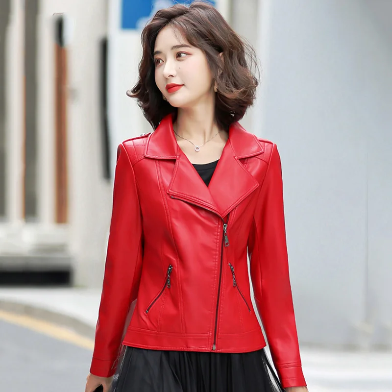 

New Women Leather Jacket Spring Autumn 2022 Fashion Moto Jacket Slim Short Zipper Streetwear Sheepskin Outerwear Chic Biker Coat