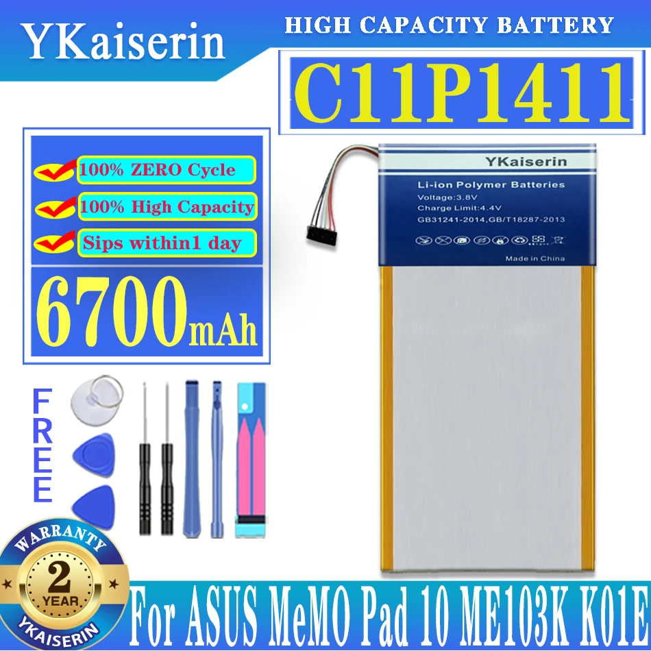 

Аккумулятор ykaisсеребрин для ASUS C11P1411, ASUS MeMO Pad 10 Pad10 ME103K K01E ME0310K ME103, 6700 мАч, большая емкость + Бесплатные инструменты