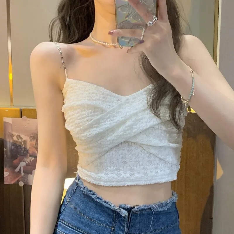 

Women Sexy Crop Tops Solid Color 2023 Summer Sleeveless Strap Vest Female Fashion Backless Camisole Ladies Seamless Tank Top