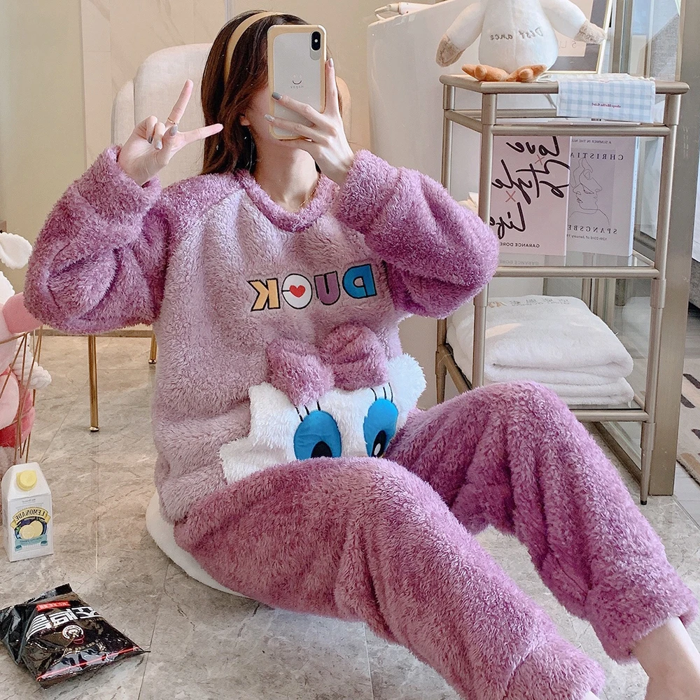 Winter Flannel Pajamas Set For Women Cute Duck Plush Soft Sleepwear Warm Thick Pyjama Two Pieces Animal Cartoon Cosplay Homewear