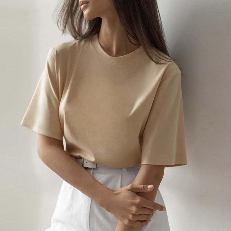

2022 Solid Cotton T Shirt Women Summer Loose Basic Short Sleeves Tees Casual Harajuku Soft Tshirt Plus Size Female Tops Clothing