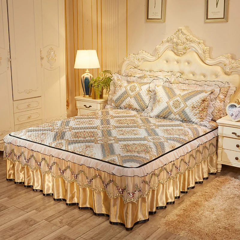 

3PCS Luxury Bedding Set Summer Ice Silk Bed Cover Lace Bed Skirts Queen Size bedspread Sheet Double Cover with Pillowcase 180cm