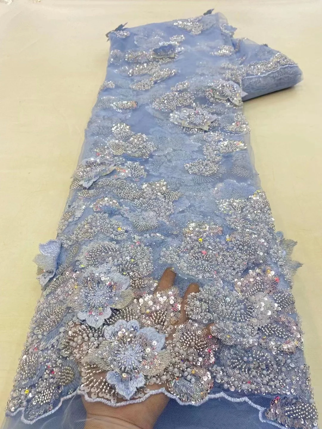 

Sky Blue High Quality Fashion French Embroidery 3D Flower Beaded Lace Fabric African Nigerian Sequin Fabric For Wedding Dress