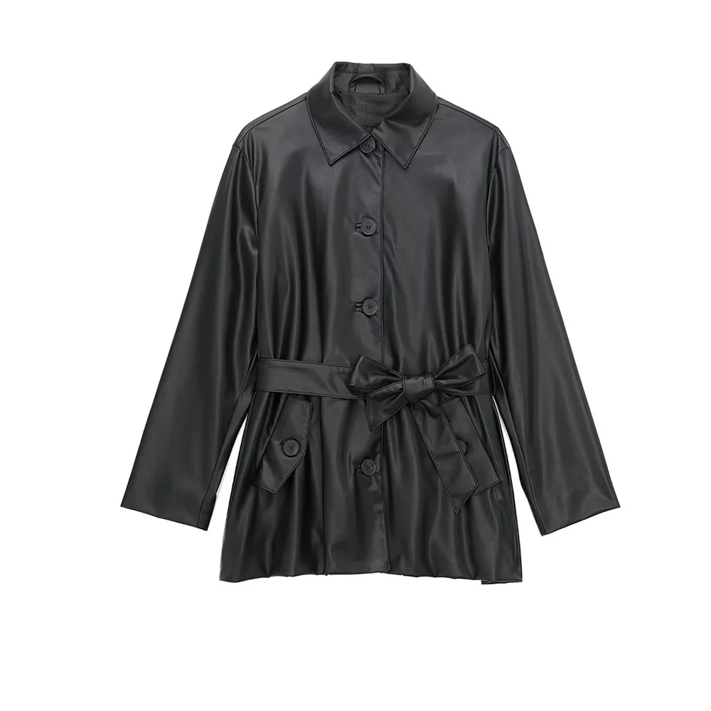 

DiYiG Women's 2022 New Fashion PU Leather Bomber Jacket Coat Vintage Casual Belt Long Sleeve Female Outerwear Chic Top Mujer