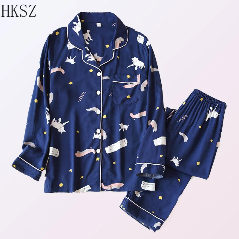 

Spring/summer Thin Spun Rayon Long Sleeve Cotton Silk Printed Women Pajamas Set New Fashion Cartoon Loose Ice Silk Pajamas Men