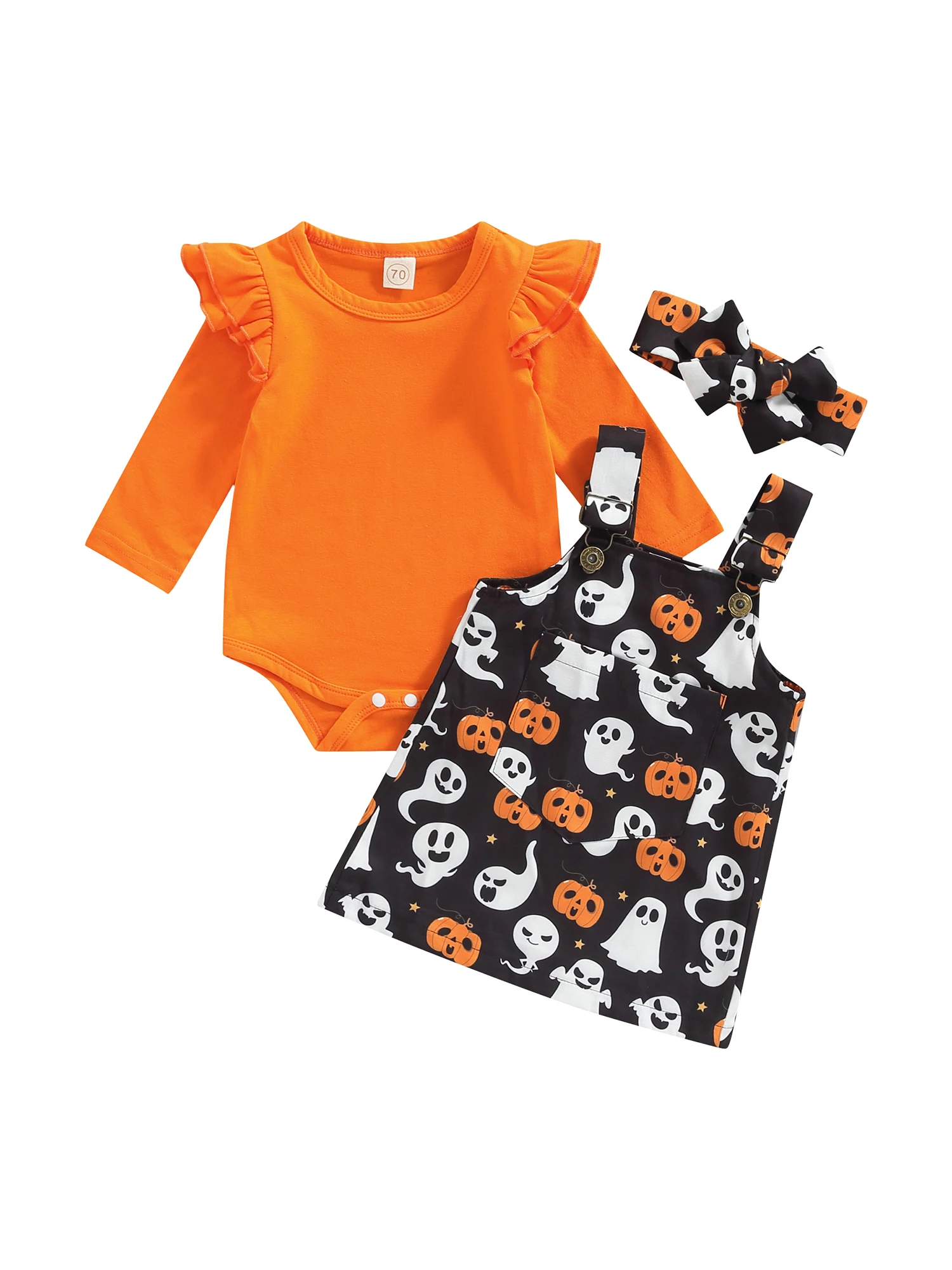 

Infant Toddler Baby Girl Halloween Outfits Long Sleeve Romper Pumpkin Ghost Suspender Skirts 3Pcs Clothes Set