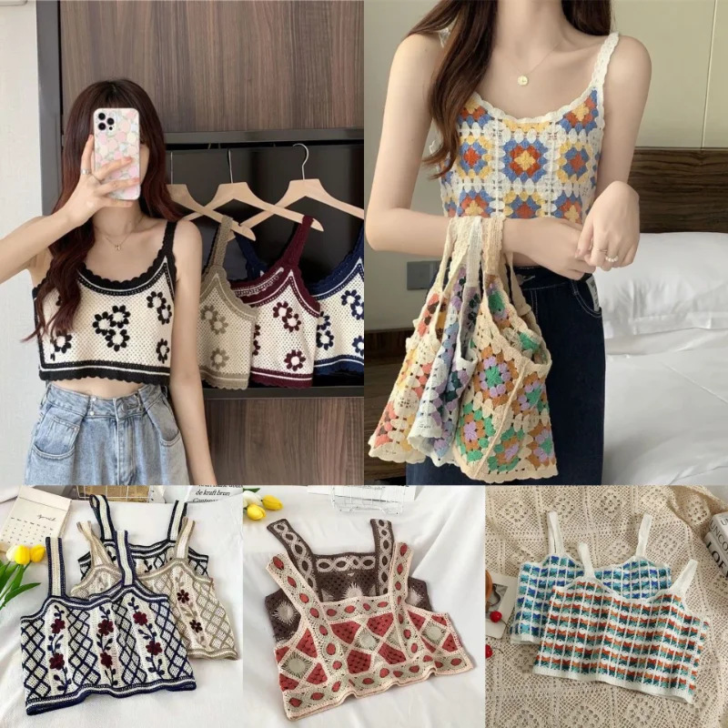 

Sleeveless 2023 new ins Knitted crop tops spaghetti strap tanke top embroidered crochet hollow perspective slim fit camisole