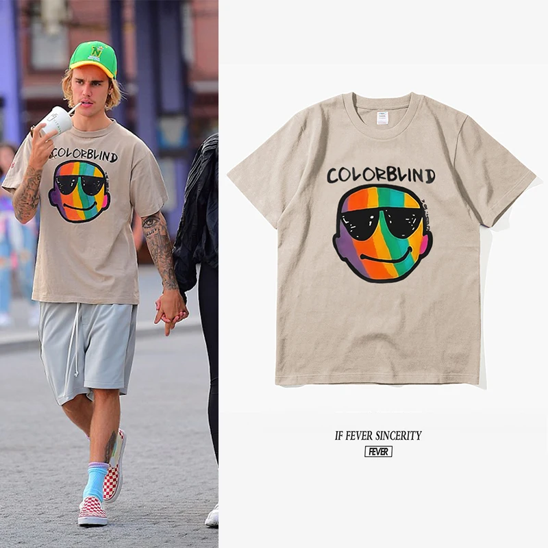 

Colorblind Street Short-sleeved T-shirt Men Women All-match Bottoming shirt Trend Justin Bieber The Same Smiley Pure Cotton Top