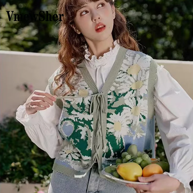 

VmewSher Chic Knitted Sunflower Vest Women Spring Autumn Sleeveless Sweater Fashion Lace Up Knitwear High Street Style Tops