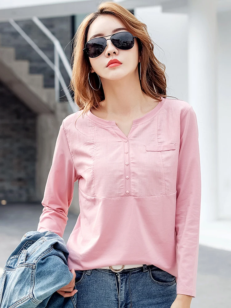 

TuangBiang 2023 Весенняя женская хлопковая Футболка с V-образным вырезом и длинным рукавом, женские топы темно-синего цвета на пуговицах с драгоценными камнями, модная футболка с прострочкой