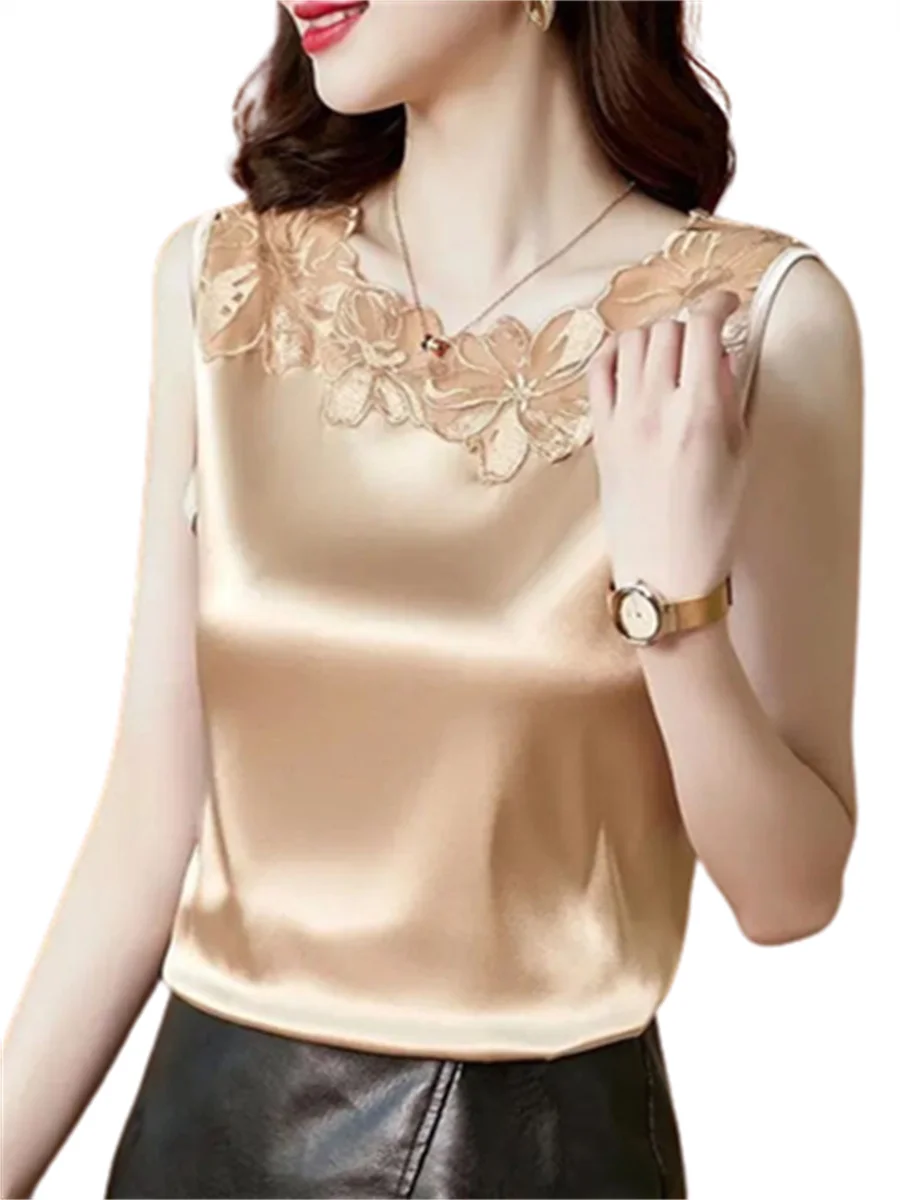 

4XL Women Spring Summer Blouses Shirts Lady Fashion Casual Sleeveless V-Neck Collar Lace Comfortable Blusas Tops WY0381