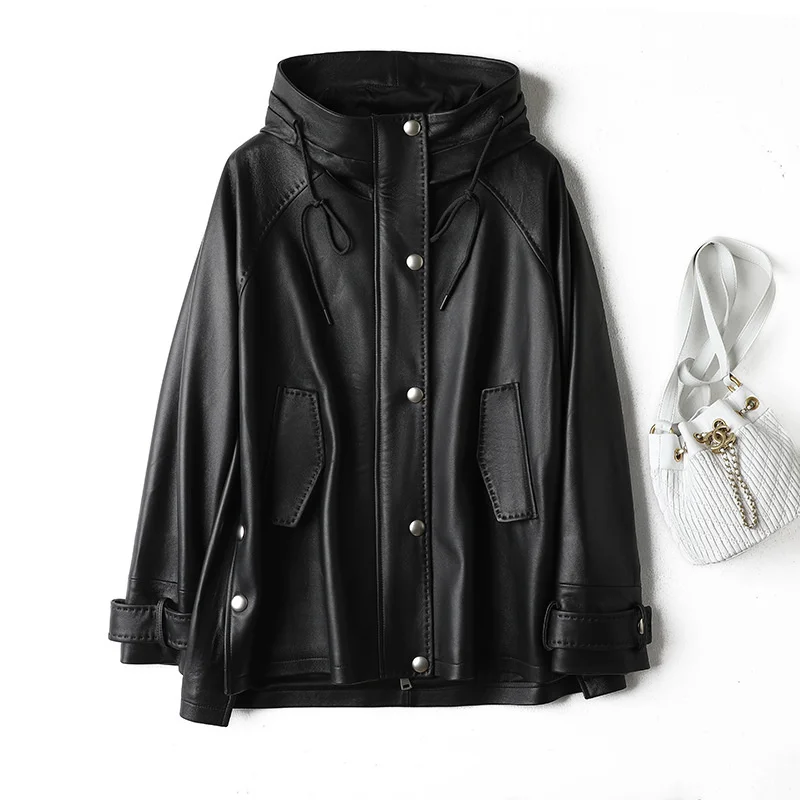 

Genuine leather jacket 2023 spring new sheepskin loose and atmospheric hooded casual mid length windbreaker jacket for women