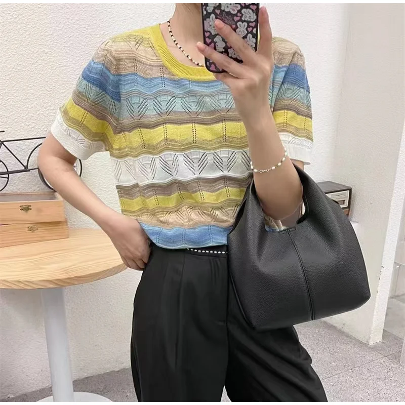 

Round Neck Contrast Colorful Stripes Soft Comfortable Knitted Shirt 23 Summer New Thin T-shirt Tops Tees for Women Y2k