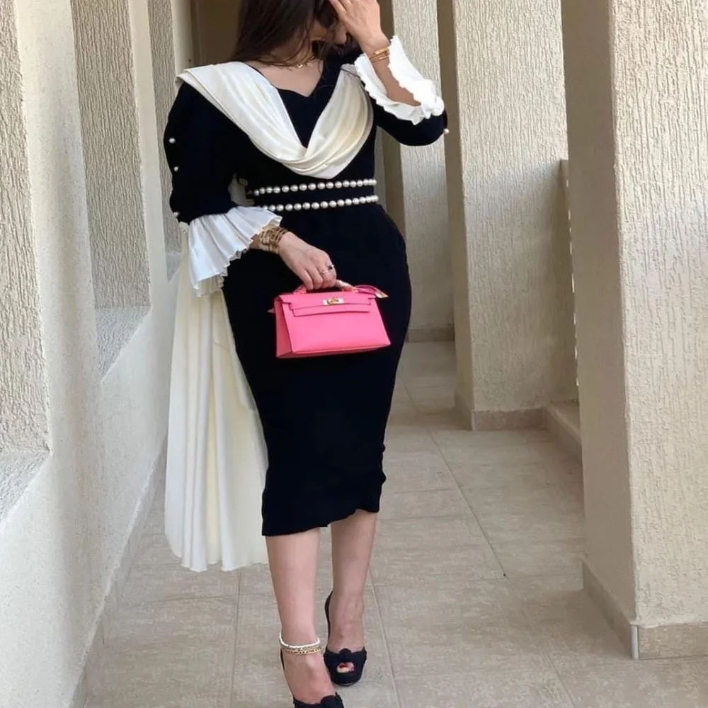 

FLORINE TULIRAIN Satin Summer Trumpet Tea-Length V-Neck Black Evening Dress Elegant Pearls Gown For Charming Sexy Women 2023