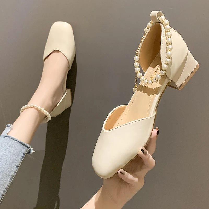 

Туфли-лодочки с закрытым носком в сказочном стиле, Новинка лета 2022, французские нежные элегантные туфли-лодочки с жемчужинами на среднем ма...