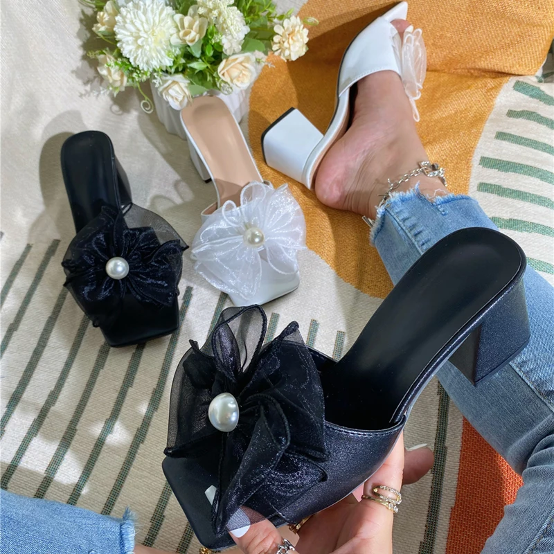 Женские сетчатые шлепанцы Kcenid на квадратном каблуке с цветами женские