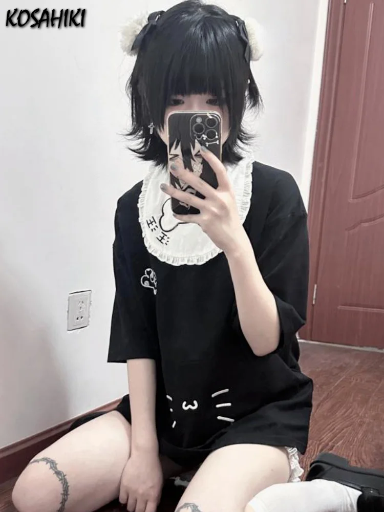 

Футболка Y2k женская в стиле Харадзюку, базовый Свободный Повседневный черный топ с круглым вырезом, модная рубашка в японском стиле с милым мультяшным принтом