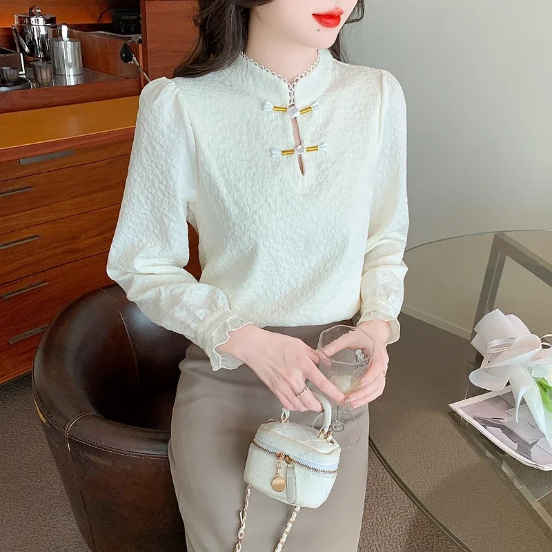 Новая зимняя блузка с длинным рукавом и воротником-стойкой женская рубашка