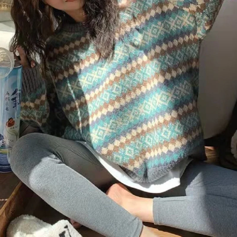 

Женский жаккардовый свитер в стиле Харадзюку, с круглым вырезом и длинными рукавами