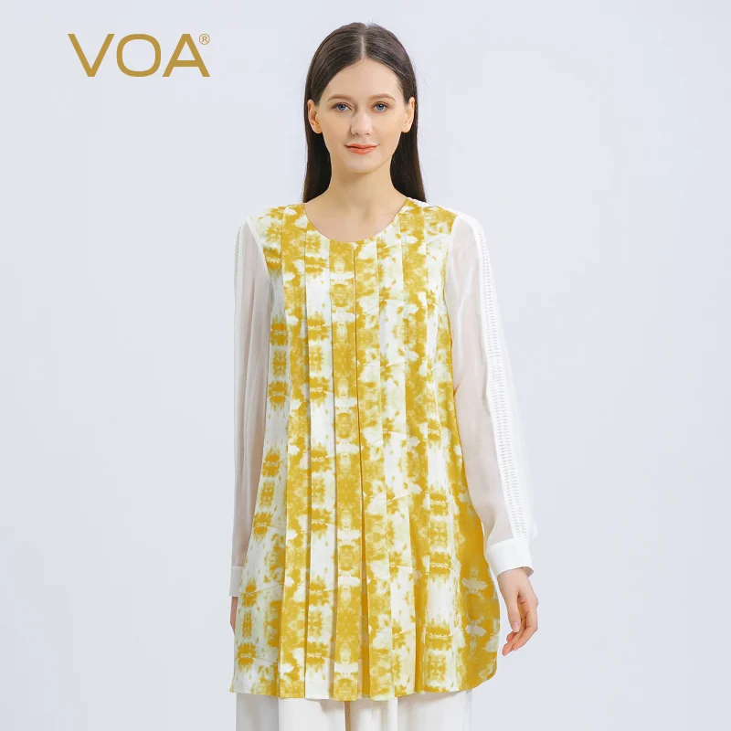 

VOA Silk Jacquard Yellow Print Crew Neck Woman Tshirts Bumper Panel Tuck Long Sleeve Pleated Round Swing Pullover T-Shirt BE937