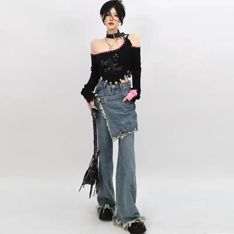 

Skirt Fake Two-piece Wide-leg Jeans Women's Autumn High-waisted Straight-tube Loose Design Sense Niche Rock Fried Street Pants