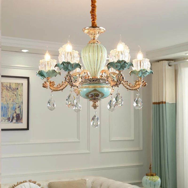 Flower Crystal Ceramic Retro Chandelier European Style Lamp For Living Room Bedroom Suspension Luminaire Villa Hanging Light