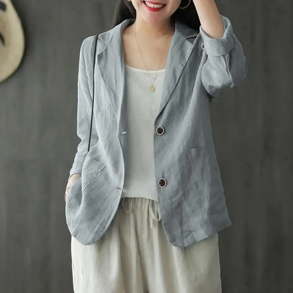 

Stylish Lapel Long Sleeve Big Pockets Women Blazer Loose Button Up Thin Blazer Coat Elegant Temperament Office Blazer