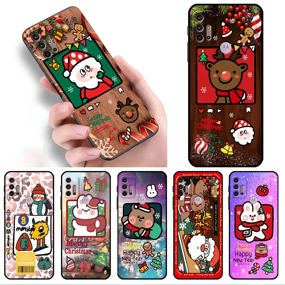 

Case For Motorola G30 G9 Play G82 G52 G60 G8 G9 Power G50 One Fusion Edge 30 20 Black Soft Phone Capas Christmas Cute Sled Elk