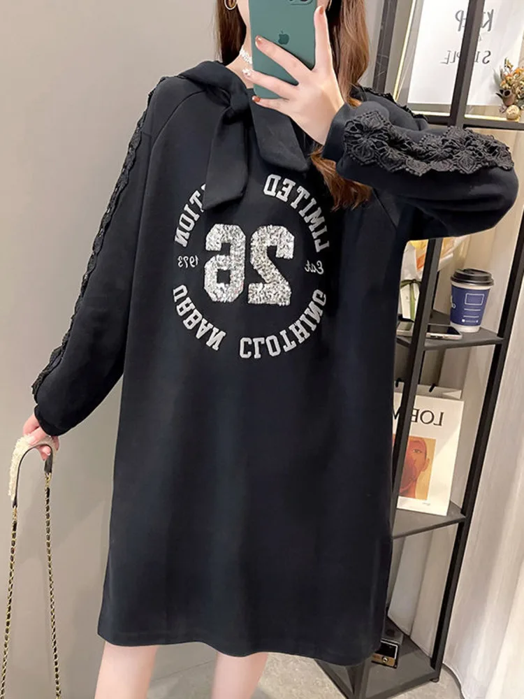 Spring Hoodie Women Cotton Lace Stitching Long Sleeves Knee Length Pullover Dress Korean Letter Print Fashion Casual Ladies Top |
