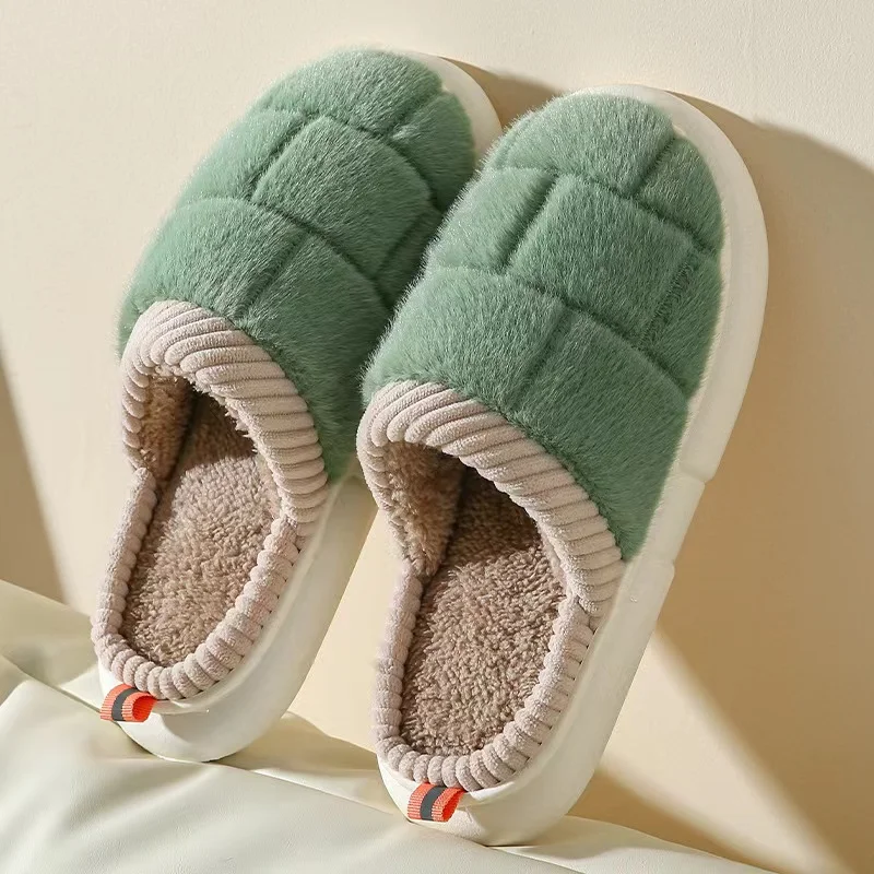 2023 Winter New Home Women's Slippers Fashion Square Checker Warm Cotton Slippers Plush Cotton Shoes Couple Floor Slippers
