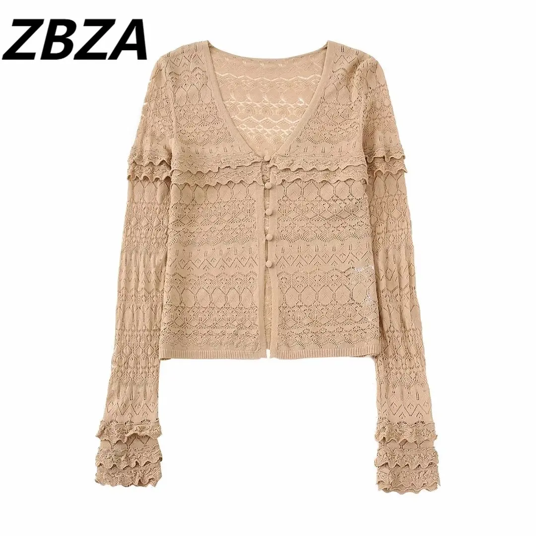 ZBZA Women 2023 New Fashion Jacquard mesh cloth Knitted Cardigan Sweater Vintage Long Sleeve Female Outerwear Chic Tops
