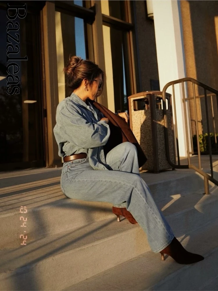 2024 женские официальные элегантные синие джинсовые рубашки Traf тонкие бандажные