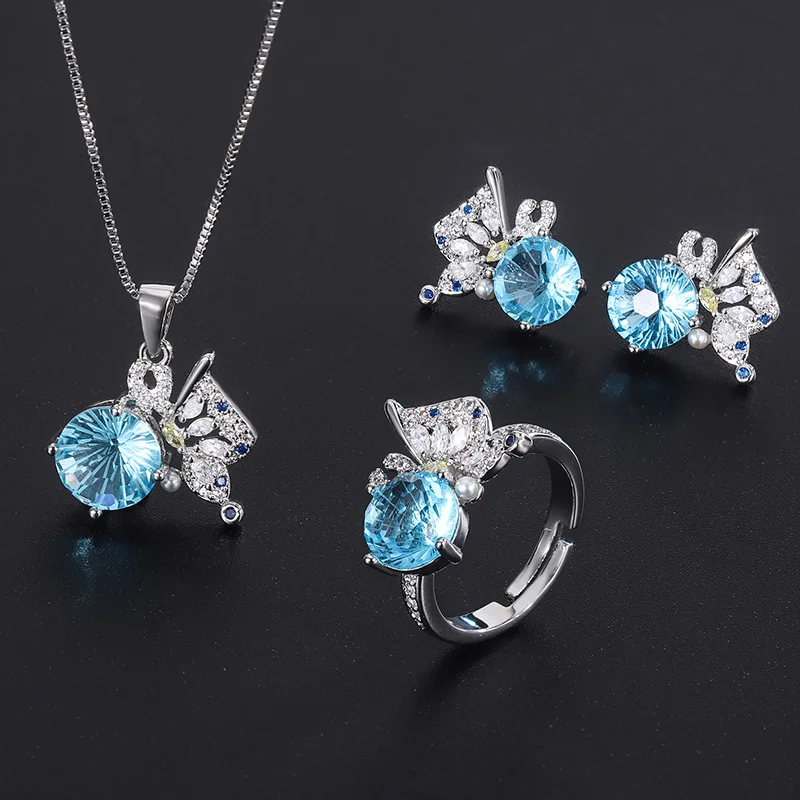 

Exquisite Beauty Cubic Zirconia Blue Crystal Butterfly Luxury Designer Jewelry Set For Women Necklace Ring Earrings Gift Girl