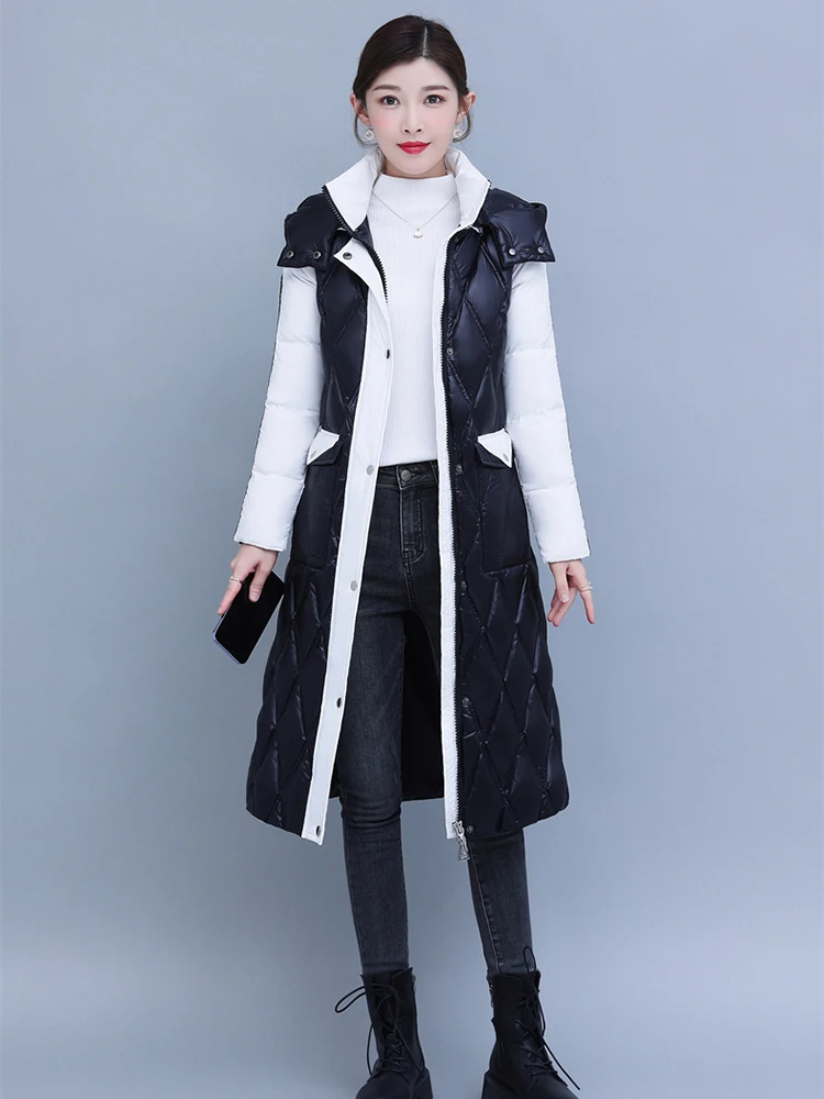 New Women Winter Down Jacket Sweet Fashion Hooded Color Blocking Strecth Belt Medium Long Thicken Warm Slim Down Jacket Female