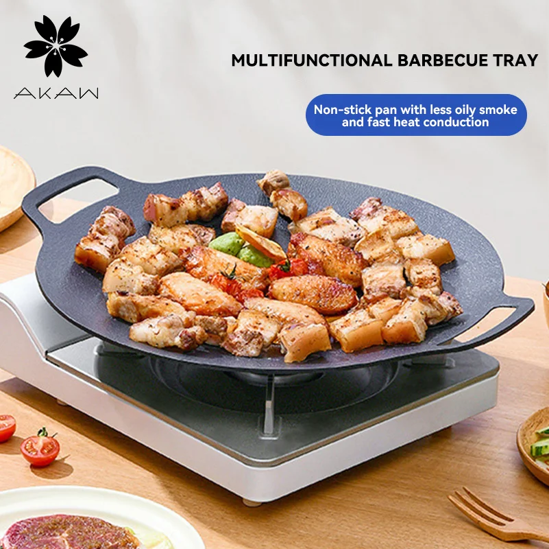 AKAW griddle Cast Iron Frying Pan Flat Pancake Griddle Uncoated Non-stick Bbq Grill Induction Cooker Open Flame Cooking Pot