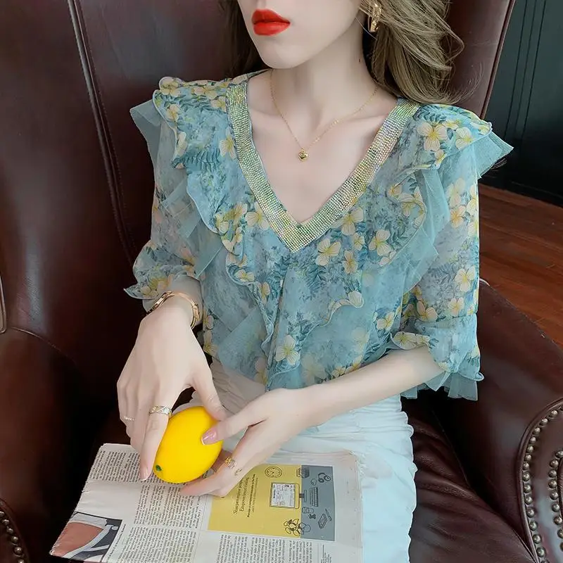 

Женская блузка, Новинка лета 2022, женский дизайн, тяжелая работа, V-образный вырез, ромбовидный рукав, шифоновая рубашка, цветная блузка