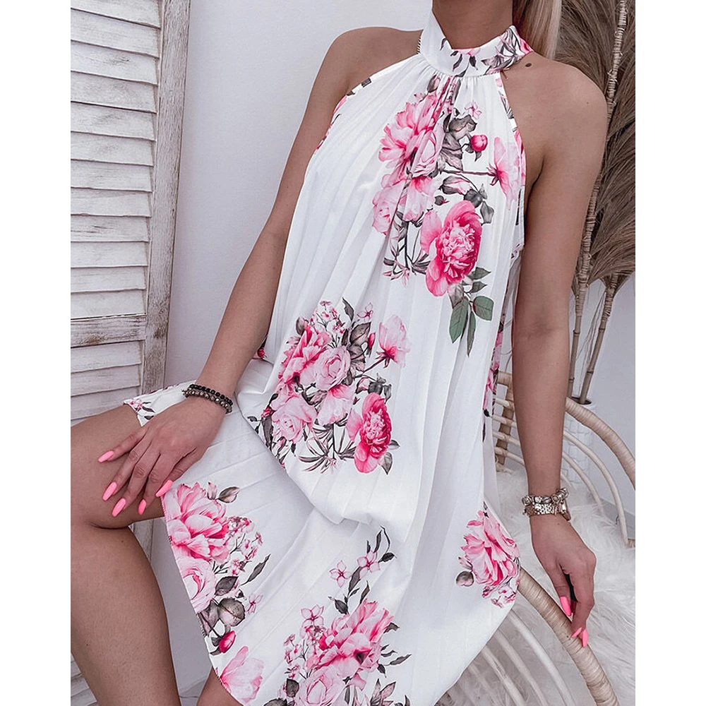 

Women Halter Dress Floral Print Sexy Causal Loose Daily Wear Robe Holiday Pleated Dress Summer 2022 New
