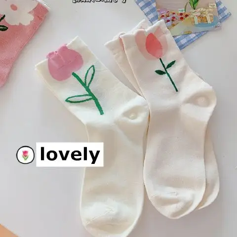 Yasuk Spring Summer Women's Fashion Sleep Solid Cute Lace Flower Casual Comfortable Heigh Tube Stocking Pile Loose Socks 6Pcs