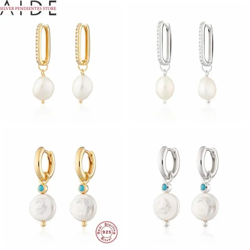 

AIDE Trendy Gold Small Hoops Earrings For Women Korean Pendientes Mujer 925 Sterling Silver Pearl Pendant Wedding Jewelry