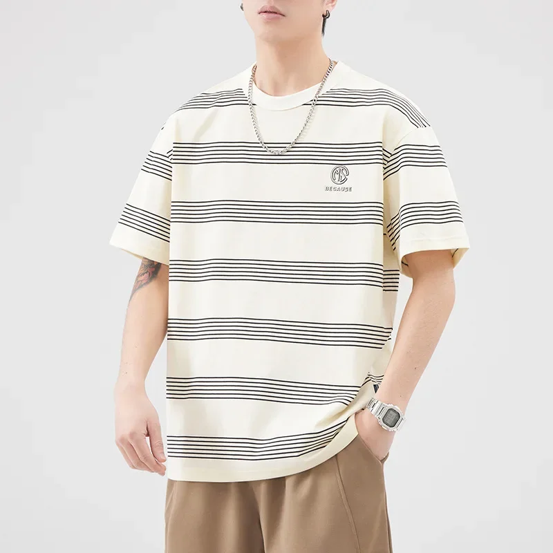 Ankay Japanese Vintage Striped Short Sleeve Men's T-shirt Loose Fit New Style Trendy Brand Half Body Round Neck