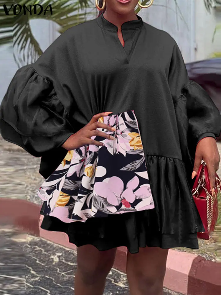 

Богемное летнее повседневное плиссированное платье VONDA с пышными рукавами для вечерние, сексуальное мини-платье с V-образным вырезом 2022, Жен...