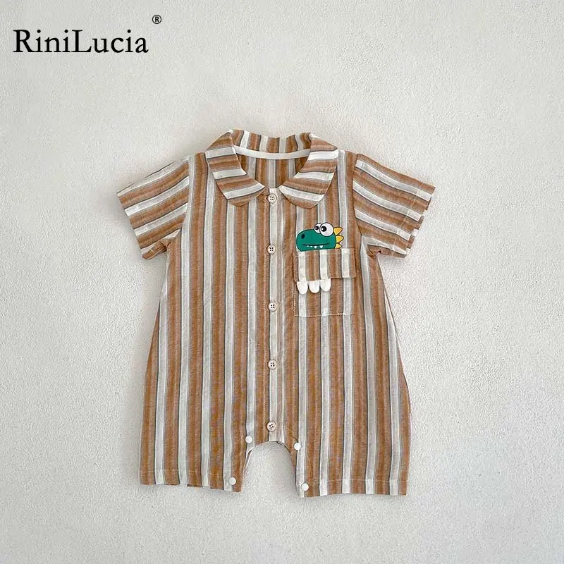 

2023 Summer Newborn Baby Clothes Striped Boys Rompers Dino Print Baby Jumpsuit