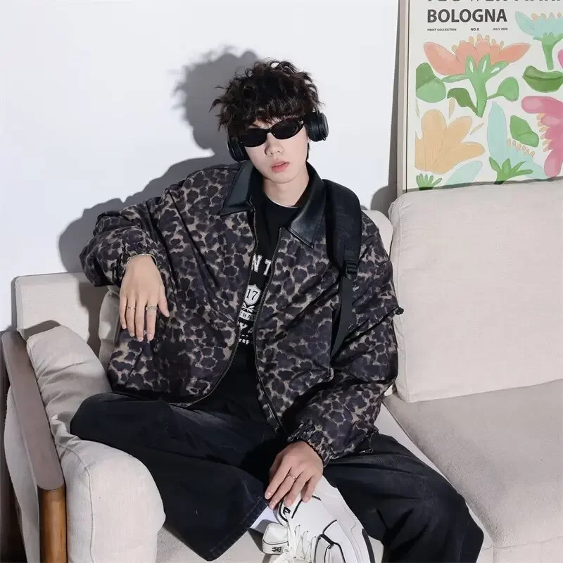 Модная леопардовая куртка в американском стиле с лацканами пэчворк свободный