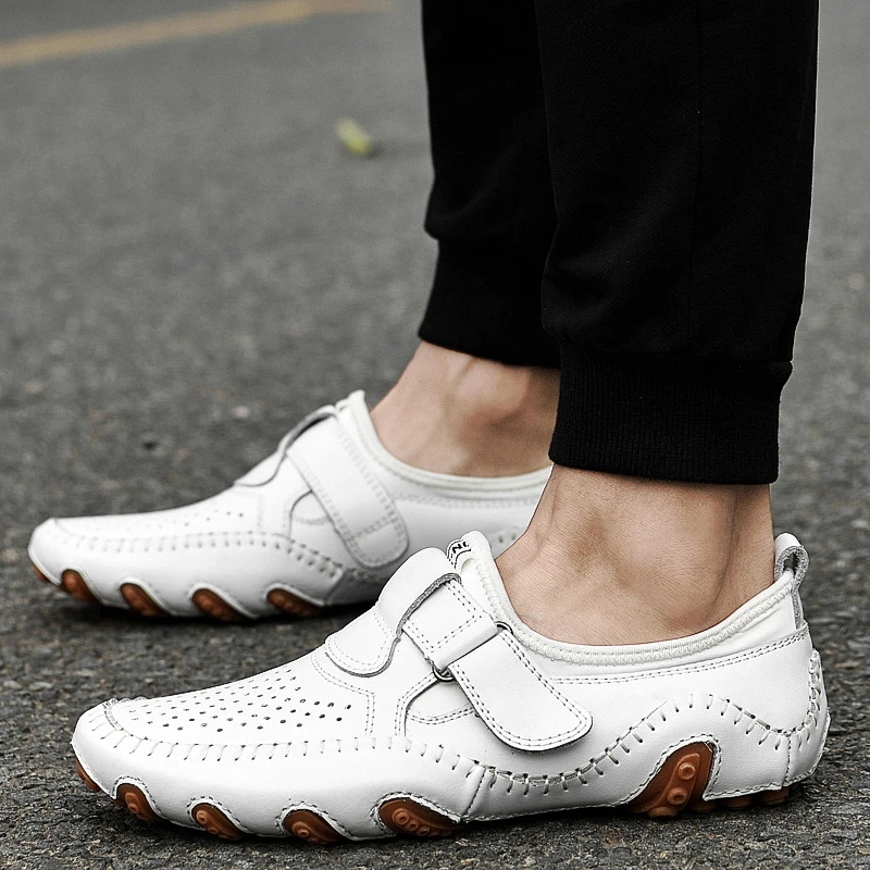 

Summer Hollow Out White Leather Shoes Men Loafers Slip on Casual Sneakers Genuine Leather Outdoor Shoe Men Driving Shoes for Men
