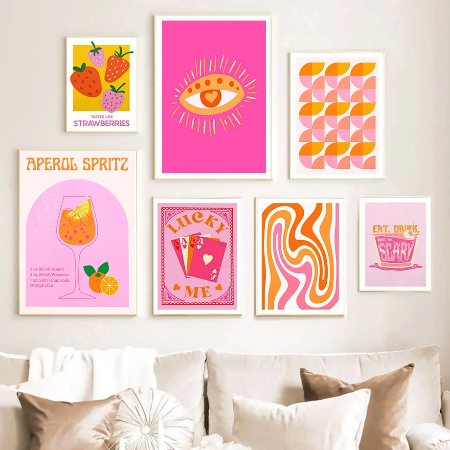 

Match Strawberry Lemon Cards Cocktails Drink Retro Wall Art Canvas Painting Posters and Prints Wall Pictures Kitchen Bar Decor