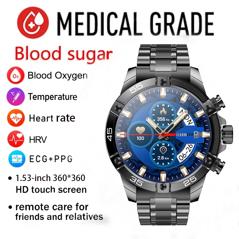 

2023 New AI Medical Diagnosis Blood Fat Uric Acid Bluetooth Call Blood Glucose Smart Watch ECG+PPG Monitoring Men Smartwatch