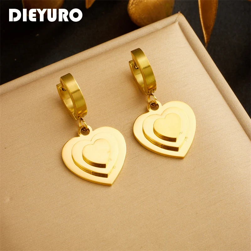 

DIEYURO 316L Stainless Steel Multi-Layer Heart Charm Earrings For Women Girl Fashion Gold Color Waterproof Jewelry Gift Party